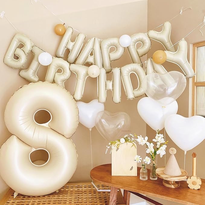 Happy Birthday Balloons Banner Beige,16 Inch Cream White Foil Letters Birthday Sign Banner Bunting for Boys Girls Men Women Birthday Party Supplies Decorations
