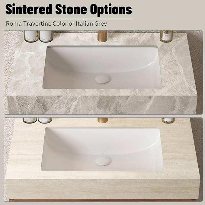 Bathroom Vanity with Sink 30 Inch, Floating Bathroom Vanity Sink Cabinet with Drawer and Door, Undermount Sink & Travertine-Pattern Sintered Stone Top, Pre-Assembled, White Oak