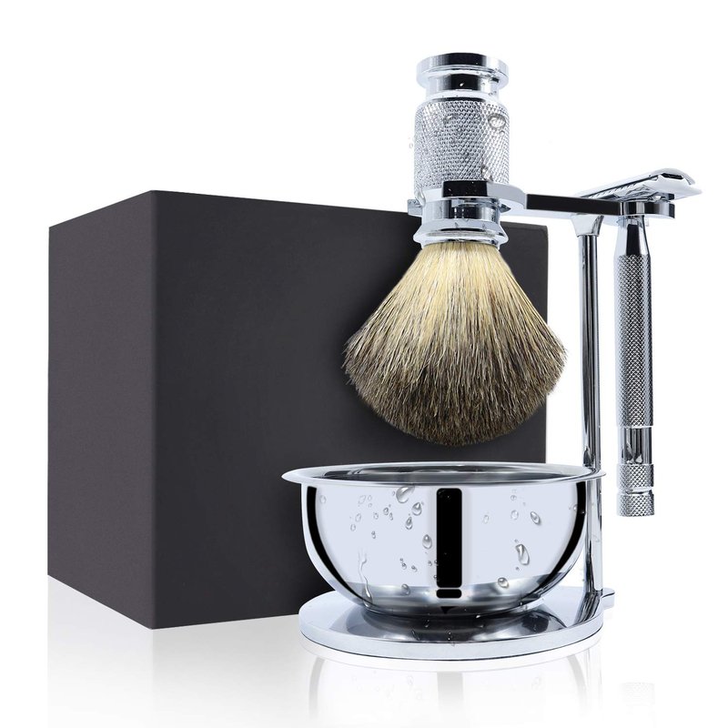 Jolitac Wet Shaving Kit For Men - Badger Hair Shaving Brush, Stainless Steel Bowl Mug, Double Edge Safety Razor, Men's Safety Razor Grooming Gift Set (Silver)