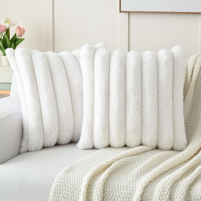 FUTEI Cream White Decorative Throw Pillow Covers 24x24 Inch Set of 2, Square Soft Faux Rabbit Fur Thick Striped European Cushion Covers,Winter Home Decor for Couch Bed Living Room