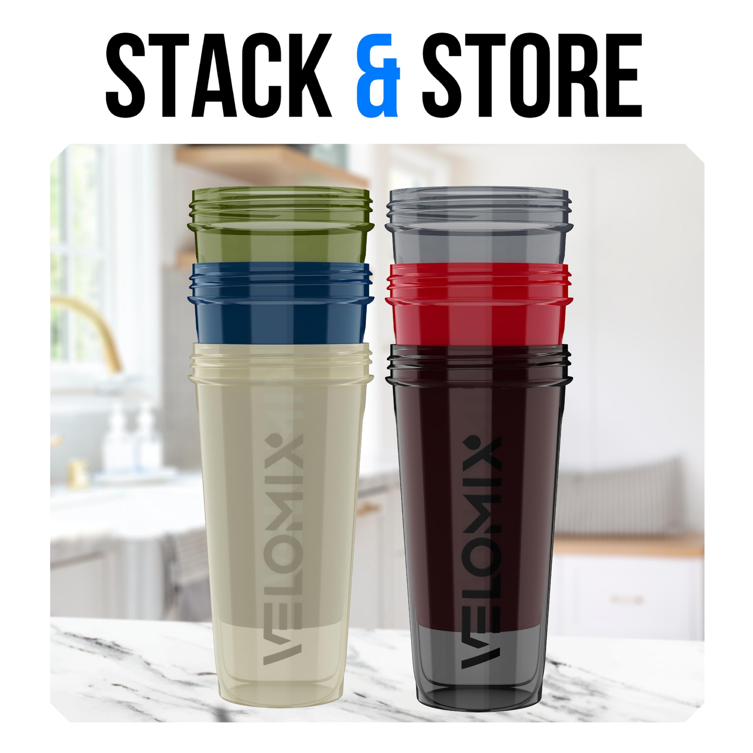 VELOMIX -6 PACK- 28 oz Protein Shaker Bottle for Protein Mixes - 6x Wire Whisk | Leak Proof Shaker Cups for Protein Shakes | Protein Shaker Bottle Pack | Protein Shake Cup (Stealth Edition)