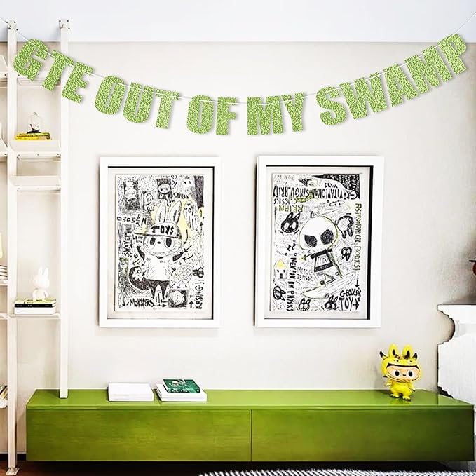 Pre-Strung Party Decorations Get out of my Swamp Bunting Banner Green Glitter Birthday Funny Housewarming Party Decor