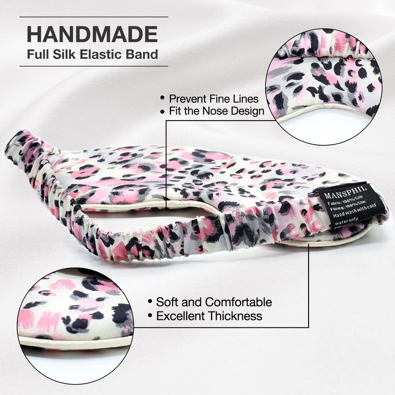 MANSPHIL Mulberry Silk Eye Sleeping Mask, Leopard Pink Print Pattern, 22 Momme 100% Silk Filled Sleep Mask for Travel, Nap - Gift Box