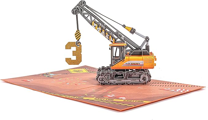 Liif Crane Truck Happy 3rd Birthday Card,3D Greeting Pop Up Birthday Card For 3 Years Old For Boy, Nephew, Grandson, Toddler,Fun Construction Vehicle Card,With Message Note & Envelop,Size 7x5 Inch