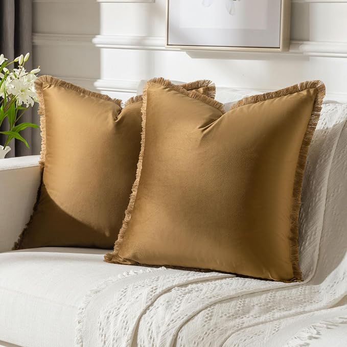 FUTEI Brown Velvet Decorative Throw Pillow Covers 22x22 Set of 2,Soft Cozy Edge with Tassels Cushion Case,Boho Modern Home Decor for Couch Bed Living Room