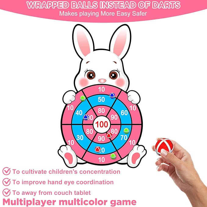 Easter Games for Kids, Large Easter Basket Essentials Dart Board Toy Gifts for Kids Family Teens Boys Girls Toddlers, Happy Party Decorations Centerpieces Party Favor with 12 Stick Balls