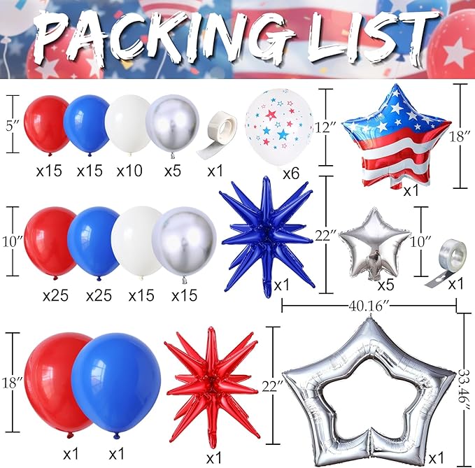147Pcs Red White and Blue Independence Day Balloon Garland Arch Kit,with Explosion Star,Flag Foil Balloons for 4th of July Patriotic Memorial Veterans Baseball Nautical Birthday Party Decorations