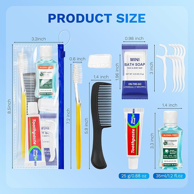 Xuezoioy Personal Hygiene Kit Bulk Pack of 50,Yellow Basic Travel Toiletry Set Disposable Toothbrushes with Toothpaste Mouthwash Floss Comb Cover and Zip Bag for Homeless,Charity,Guests