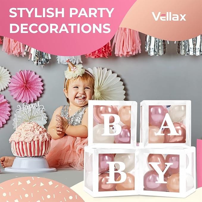 Baby Shower Boxes with Letters – White Boxes with Rose Gold, Dusty Pink, Sand & White Balloons – 44-Piece Gender Reveal & Party Decoration Set by Vellax