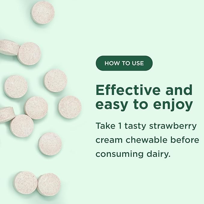Yuve Natural Fast Acting Dairy Relief Delicious Chewables - Lactase Enzyme 9000 FCC - Say Goodbye to Dairy Discomfort from Lactose Intolerance - Strawberry Cream Flavor - 30ct