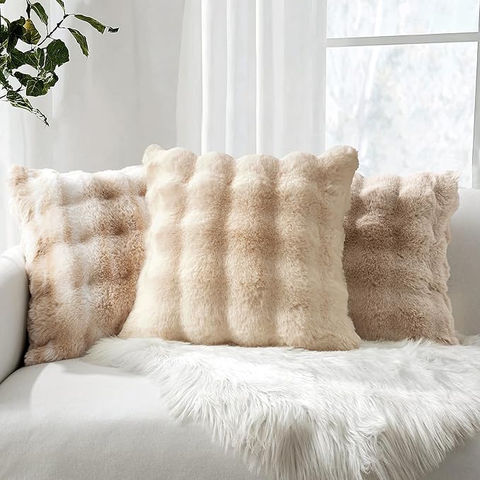 MIULEE Faux Fur Pillow Covers Thick Soft Plush Lumbar Throw Pillows Luxury Home Decor for Couch Bed Bedroom Living Room Sofa,12x20 Inch Pack of 2 Beige