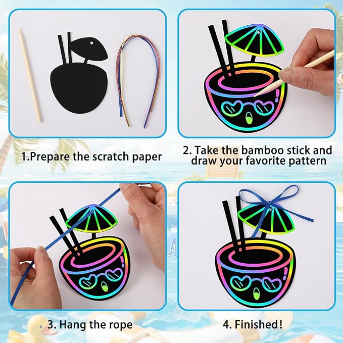 JULMELON 36 PCS Luau Crafts for Kids, Rainbow Scratch Art for Kids Luau Party Favors DIY Magic Color Tropical Hawaiian Scratch Cards for Summer Hawaiian Party Favors School Activities Luau Games
