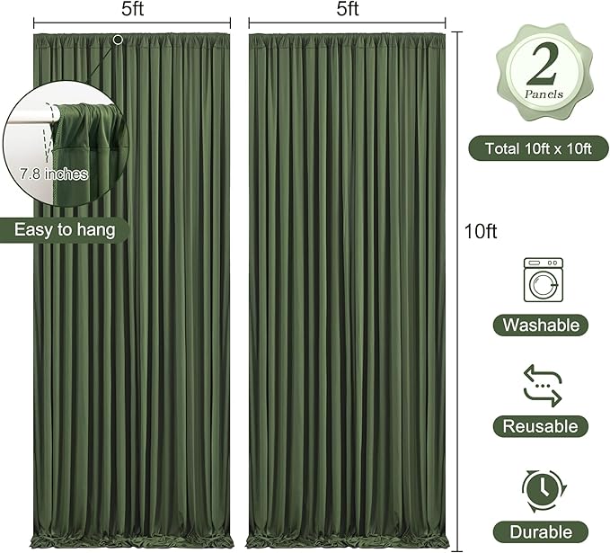 10 x 10ft Hunter Green Backdrop Curtains with Lights String Polyester Photo Backdrop Drapes Wrinkle Free Dark Green Long Curtain for Birthday Party Wedding Reception Baby Shower Ceremony-10 x 5ft x 2P