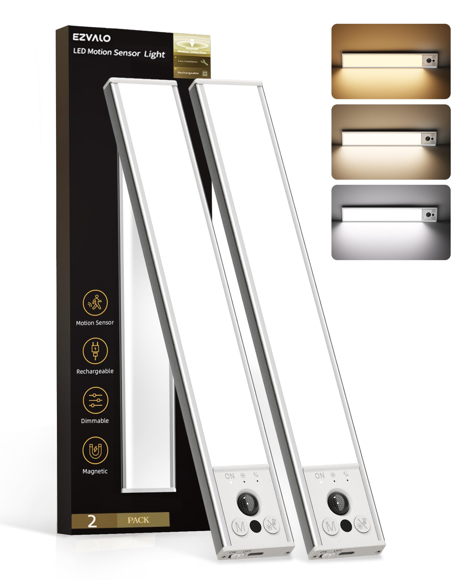 EZVALO 10inch Under Cabinet Lighting, 2 Pack 2400mAh Rechargeable Wireless Motion Sensor Lights Indoor, 3 Color Temps Dimmable Magnetic Closet Lights, Under Counter Lights for Kitchen, Pantry, Stairs