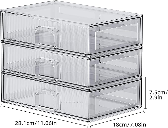 ZHIAI Stackable Storage Drawer, 3 Piece Acrylic Organiser for Cosmetics and Beauty Products, Suitable for Dressers, Bathrooms, Cabinets, Storage Rooms, Bedrooms and Home Organisers