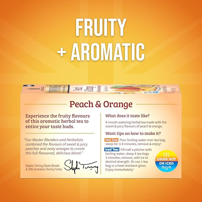 Twinings Peach & Orange Herbal Tea Individually Wrapped Bags, 20 Count (Pack of 6), Juicy & Fruity, Naturally Caffeine-Free, Enjoy Hot or Iced, 120 Teabags