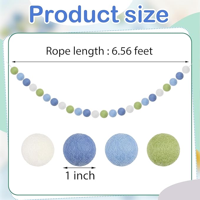 Boao 2 Pieces Wool Felt Ball Garland Colorful Pom Pom Garland Handmade 6.5 Feet Long 24 Balls Felt Banner for Wall Christmas Tree Decoration (Sage Green,Dusty Blue,White)
