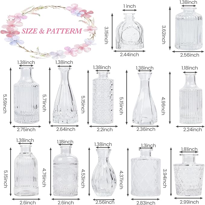 Clear Glass Bud Vases Set of 12, Mini Flower Vase for Centerpieces, Small Vases in Bulk for Wedding Decorations, Vintage Vase for Baby Shower, Party, Recepetion, Home Table Décor