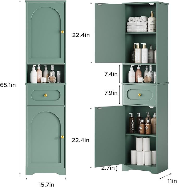 Maupvit 65" Tall Bathroom Storage Cabinet, Narrow Storage Cabinet with 2 Doors and Drawer, Bathroom Organizers with Adjustable Shelves for Living Room, Entryway, Green