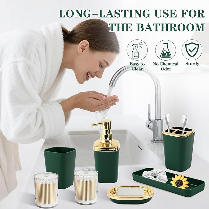 Dark Green Bathroom Accessories, 24 Pieces Green and Gold Bathroom Accessories Set with Shower Curtain, Bath Towels, Trash Can, Soap Dispenser and Soap Dish for Bathroom/Housewarming