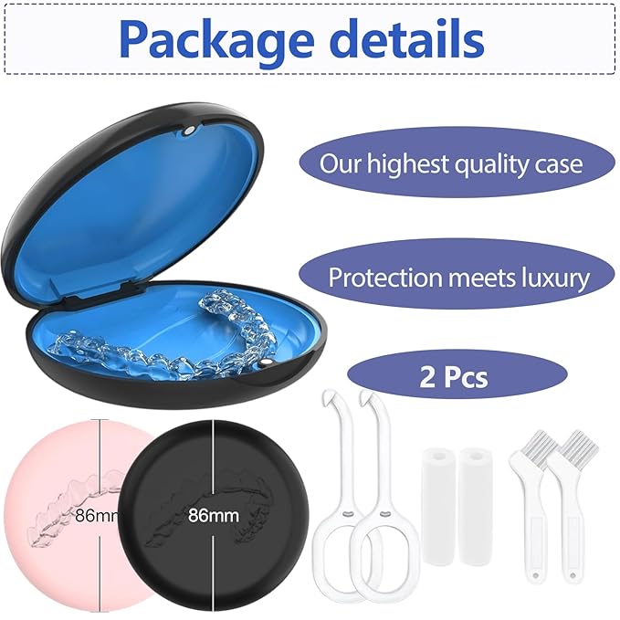 2 Retainer Case, Slim Aligner Cases for Invisalign, Mouthguard Case with Removal Tools& Aligners Chewies& Brush, Removable Inner Tray Silicone for Easy Cleaning (Black&pink)