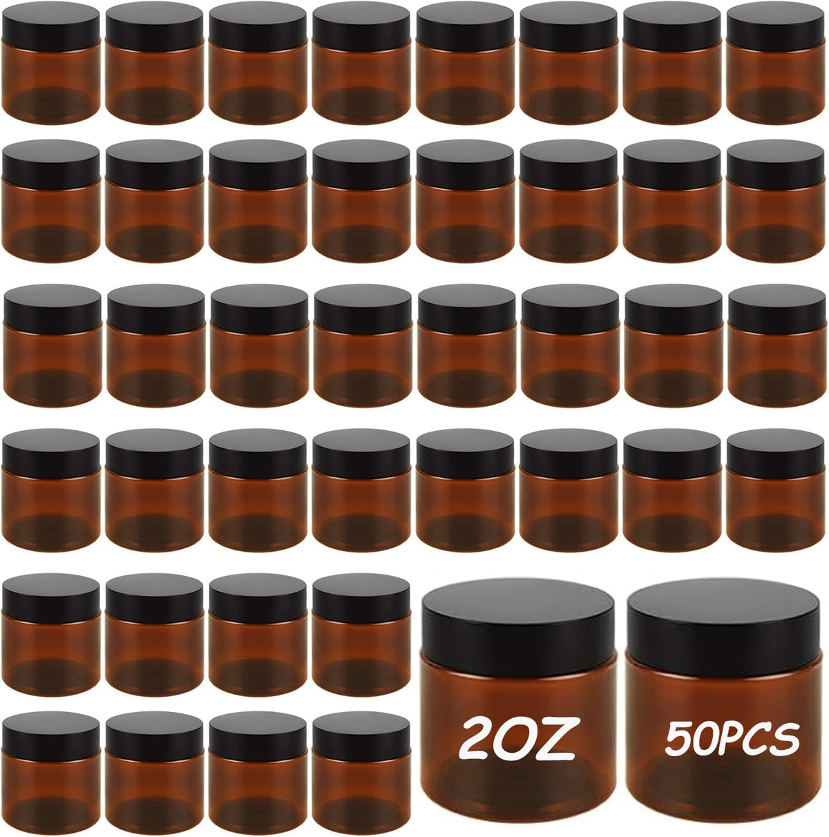 GBACHOOSE 50 Pack 2 oz Amber Plastic Jars with Lids, Round Cosmetic Jars Refillable Makeup Containers for Cream, Lotion, Powder, ointment, Beauty Products etc