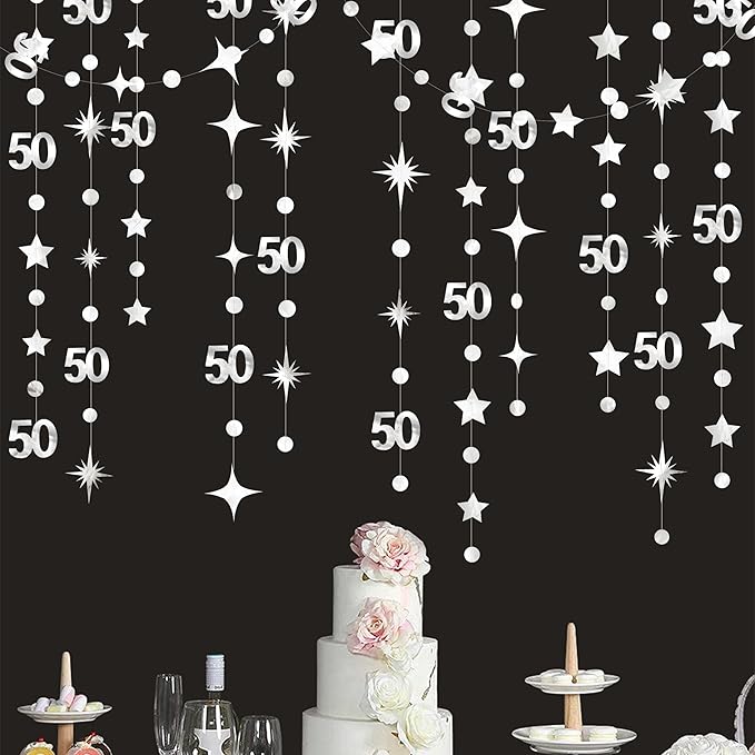 Silver 50th Birthday Decorations Number 50 Circle Dot Twinkle Star Garland Metallic Hanging Streamer Bunting Banner Backdrop for 50 Year Old Birthday Happy 50th Anniversary Fiftieth Party Supplies