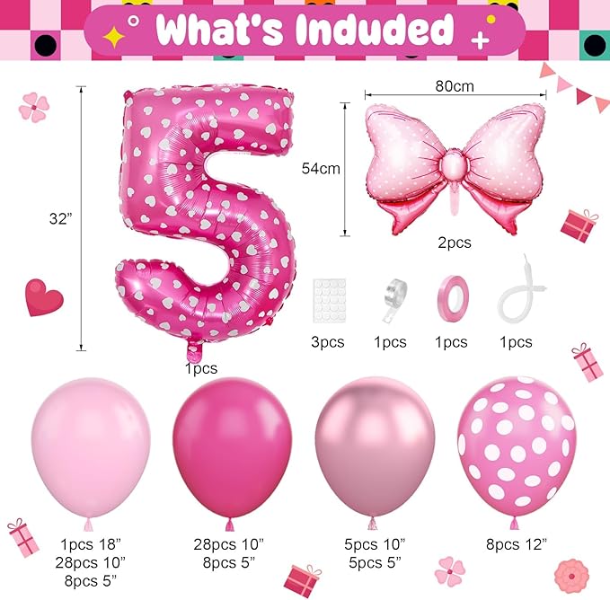 Pink 5th Birthday Balloons Decorations, Hot Pink Rose Polka Dots Balloon Arch Kit, Huge Bow Foil Balloons, pink Number 5 Balloon Tower for Baby Shower Girls Princess 5th Theme Party