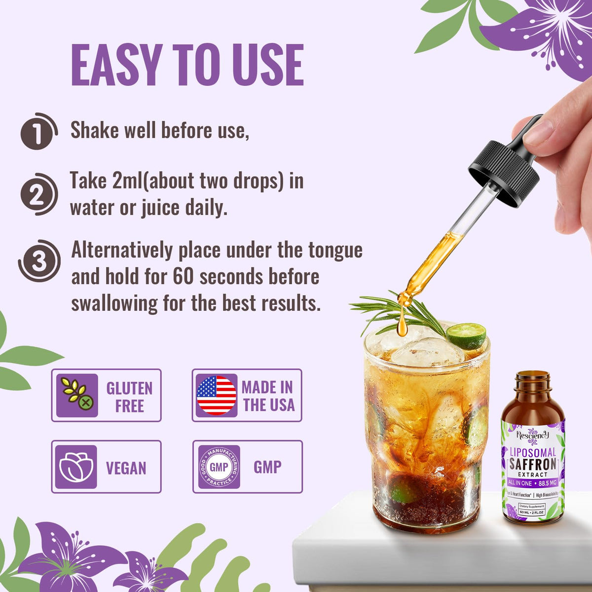Resciency Liposomal Saffron Supplements Drops 88.5mg – High Bioavailability Liquid Saffron Extract for Mood Support, Energy, Focus & Vision with Ashwagandha, Magnesium, Zinc, B12 & D3, 4 fl oz