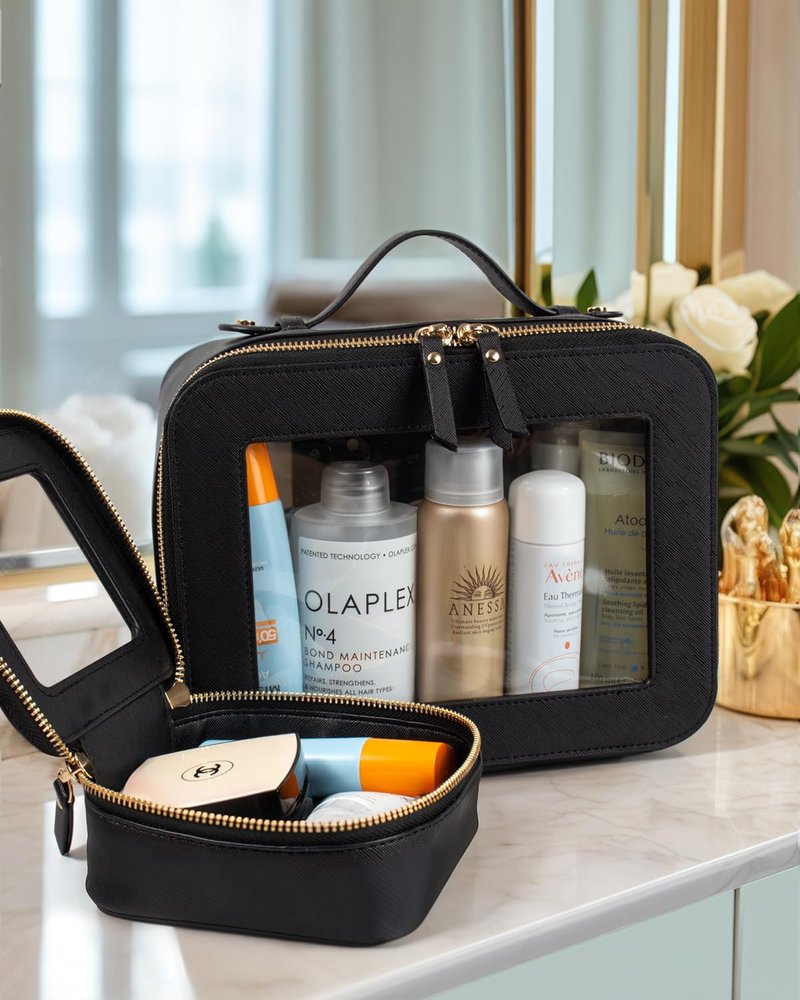 LETGO 2 Pack Clear Travel Toiletry Bag for Women,Large & Mini Waterproof PU TSA Approved Cosmetic Pouches,Portable Beach Vacation Makeup Organizer Set,See Through Skincare Sunscreen Bags for Women