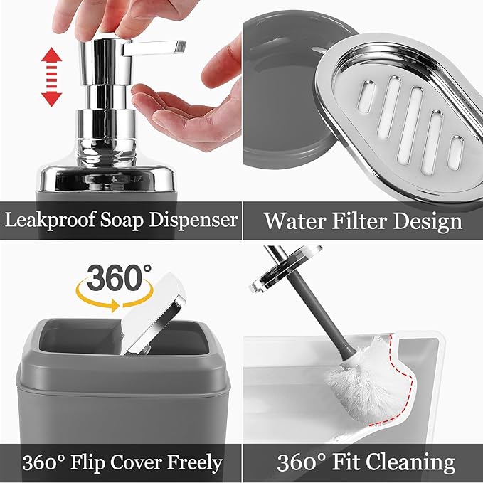 Grey Bathroom Accessories, 24 Pieces Grey Bathroom Accessories Set with Shower Curtain, Bath Towels, Trash Can, Soap Dispenser and Soap Dish for Bathroom/Housewarming