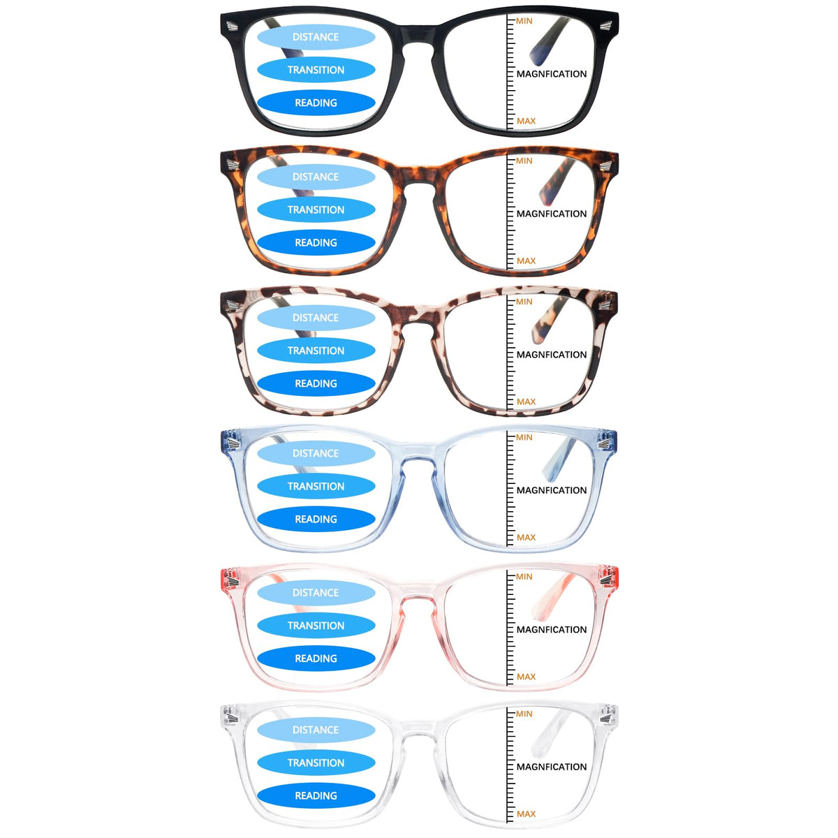 VIDEBLA 6 Pack Progressive Multifocus Reading Glasses for Women Men Blue Light Blocking Reading Glasses Spring Hinge Readers (Mix-5(6glasses 6 Holster), 2.50, x)