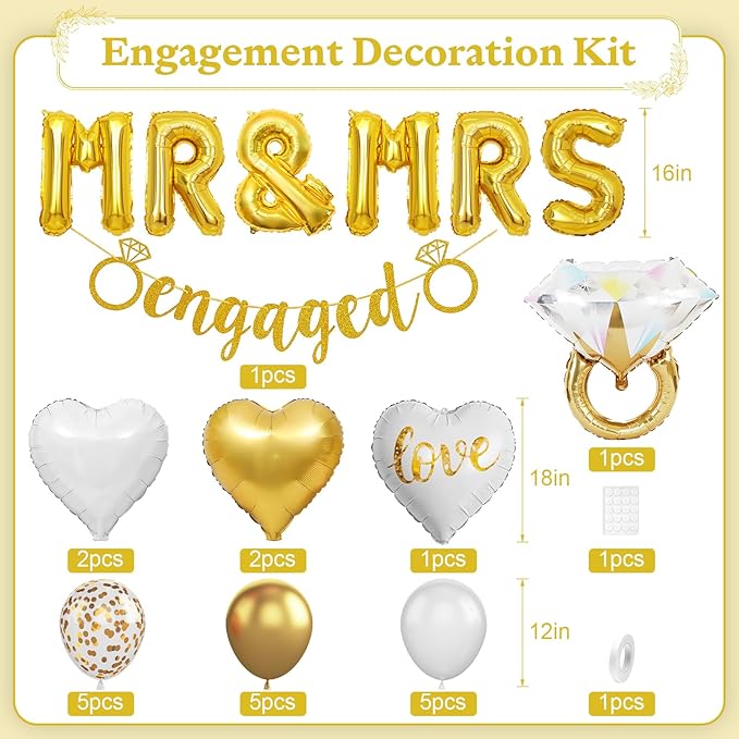 Gold Engagement Party Decorations, MR and MRS Balloons Decor, White Gold Metallic Confetti Balloon, Love Heart and Diamond Ring Foil Balloon with Engaged Banner for Wedding Engagement Party Decoration