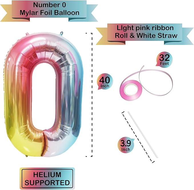 40 Inch Giant Rainbow Number 0 Balloons, Birthday Balloons, Helium Mylar Foil Big Number Balloons for Birthday Party Decorations, Kids' Birthday Anniversary Party Baby Shower Unicorn Parties