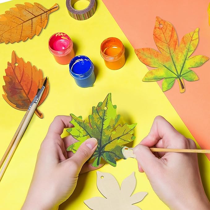 36PCS Wooden Fall Ornaments to Paint Thanksgiving Decorations, 6 Styles DIY Blank Autumn Unfinished Wood Maple Leaves Turkey Pumpkin Halloween Cutouts Ornament for Crafts Birthday Party Gifts Hanging