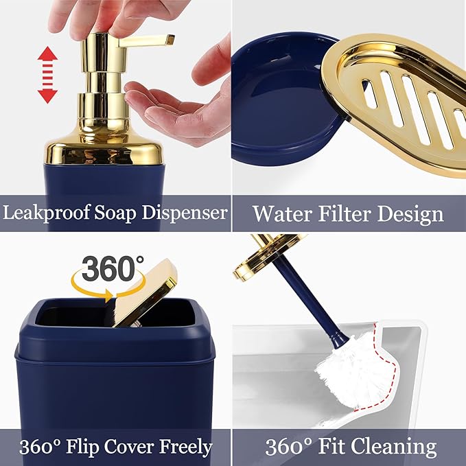 Blue Bathroom Set, Bathroom Sets with Stripe Shower Curtain, Navy Blue and Gold Bathroom Accessories with Trash Can, Soap Dispenser, Soap Dish, Toilet Brush Holder, Qtip Holders for Bathroom