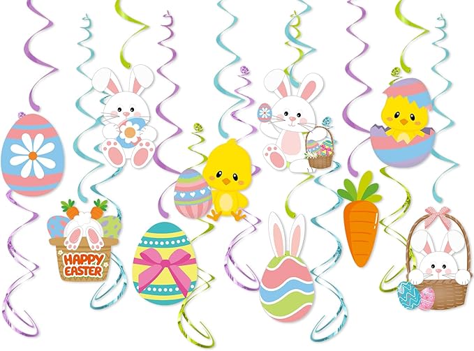 Easter Party Decorations Egg-Bunny Streamers - 16Pcs Cute Hanging Swirl Ceiling,Easter Birthday Kids Favors Gifts Supplies Spring Carrot Chicks Decor Hugtmr