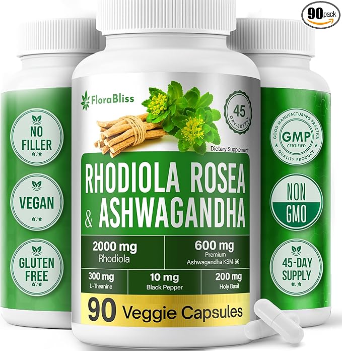 FloraBliss Rhodiola Rosea 2000mg with Ashwagandha KSM-66, L-Theanine, Holy Basil & BioPerine - 90 High Potency Vegan Capsules - Herbal Adaptogen for Energy & Wellness - No Artificial Additives