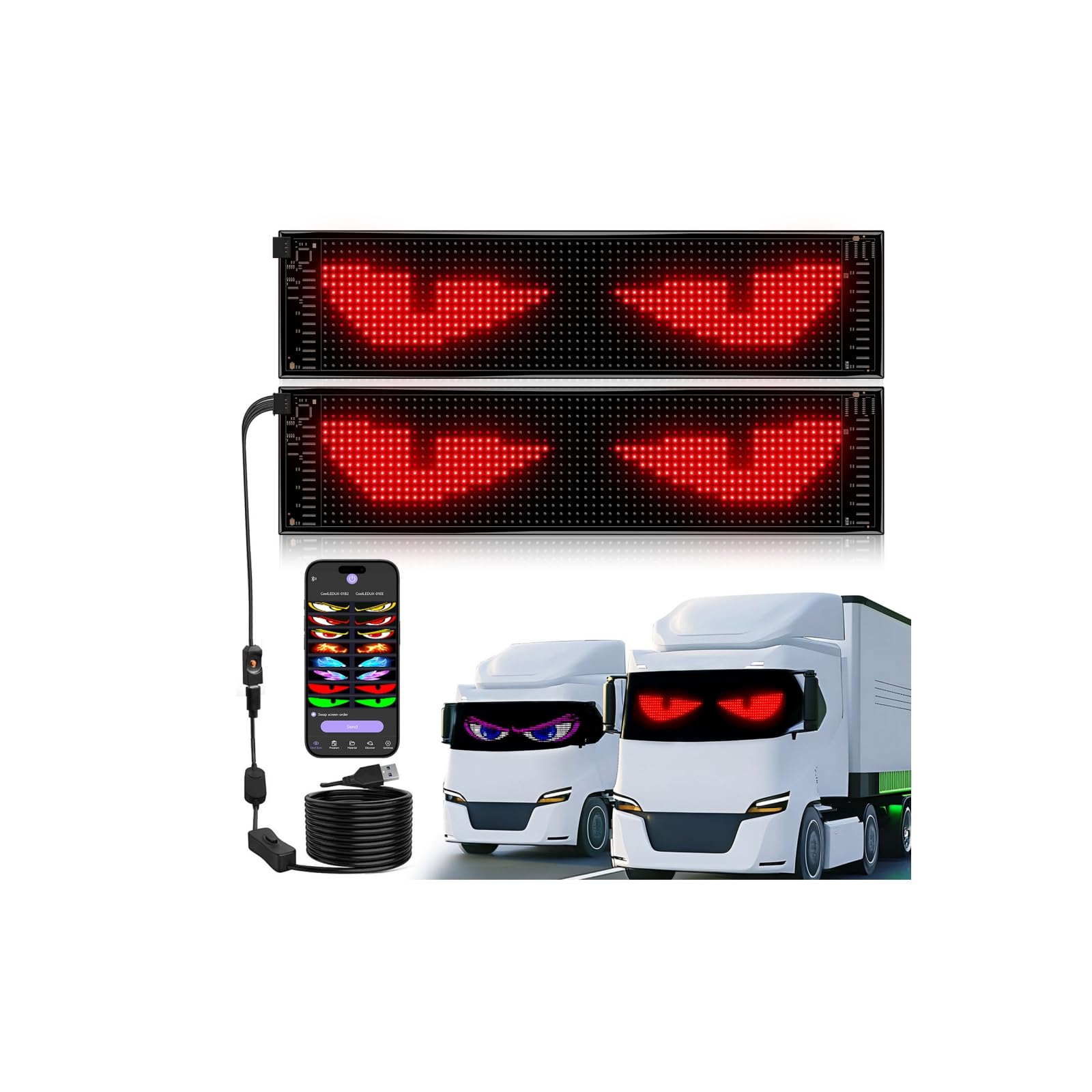 Multifunctional Bright 2PCS Devil Eyes for Cars Windshield - 23x5in [Upgraded Chip 100% Synchronized] Programmable Flexible LED