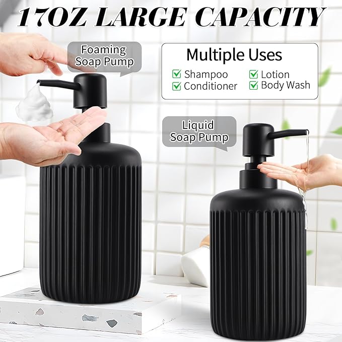 Black Resin Bathroom Accessories Set 5 Pcs, Bathroom Accessory Set Includes Foaming Soap Dispenser, Lotion Soap Dispenser, Toothbrush Holder, Qtip Holder, Soap Dish, for Modern Home Apartment