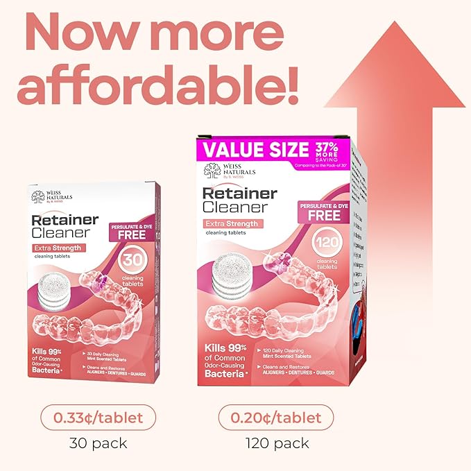 Weiss Naturals Retainer Cleaning Tablets, Invisalign Cleaner, Remove Stains, Odors & Plaque, FSA & HSA Eligible, Night Guard Cleaner PERSULFATE & DYE-FREE 2-Month Supply, Denture Cleaners, 60 Tablets