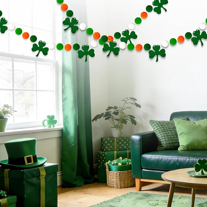 4 Pack 26.3 Feet St Patricks Day Shamrock Decorations Pom Pom Garland, Green White Orange 30 Balls St. Patrick's Day Felt Garlands for Irish Holiday Party Festivals Room Hanging Decorations