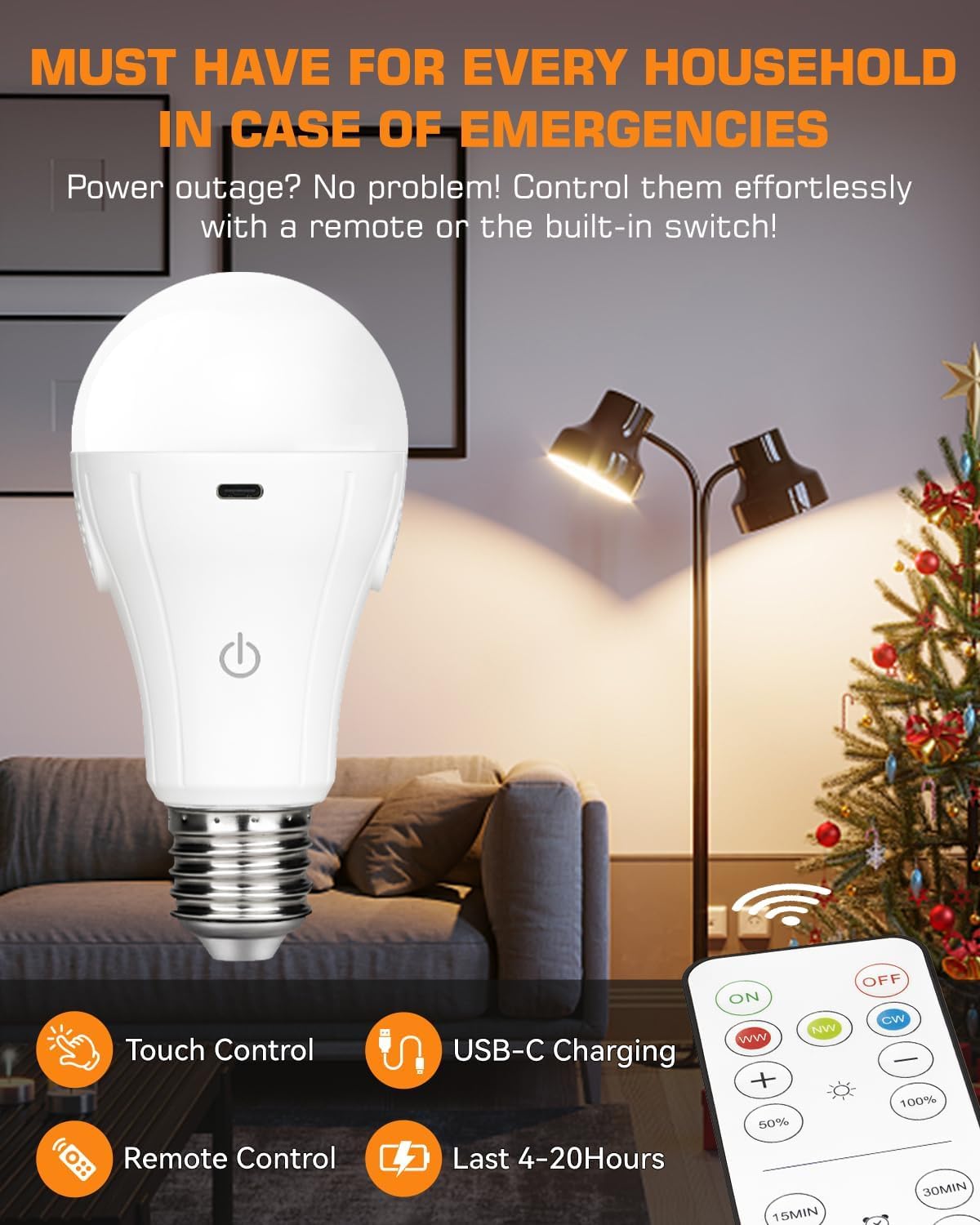 BoRccdit CordlessGlow Battery Operated Light Bulb with Remote，3 Colors + Dimmable + Touch Control Rechargeable Light Bulbs for no-Hardwired Fixture, up to 24 Hours,2Pack