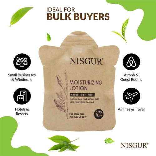 NISGUR Body Lotion Bulk 0.75 oz 200 Pack Non Plastic Hotel Lotion Paper Pouch Travel Lotion Bulk Aloe and Green Tea Extract Infused Hotel Supplies and Toiletries for Guest