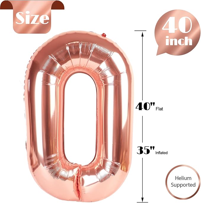 Rose Gold Number 0 Balloon 40 Inch, 0 Balloon Numberfor 10th 20th 30th 40th 50th 60th Birthday Decorations, Rose Gold Party Supplies for Men Women