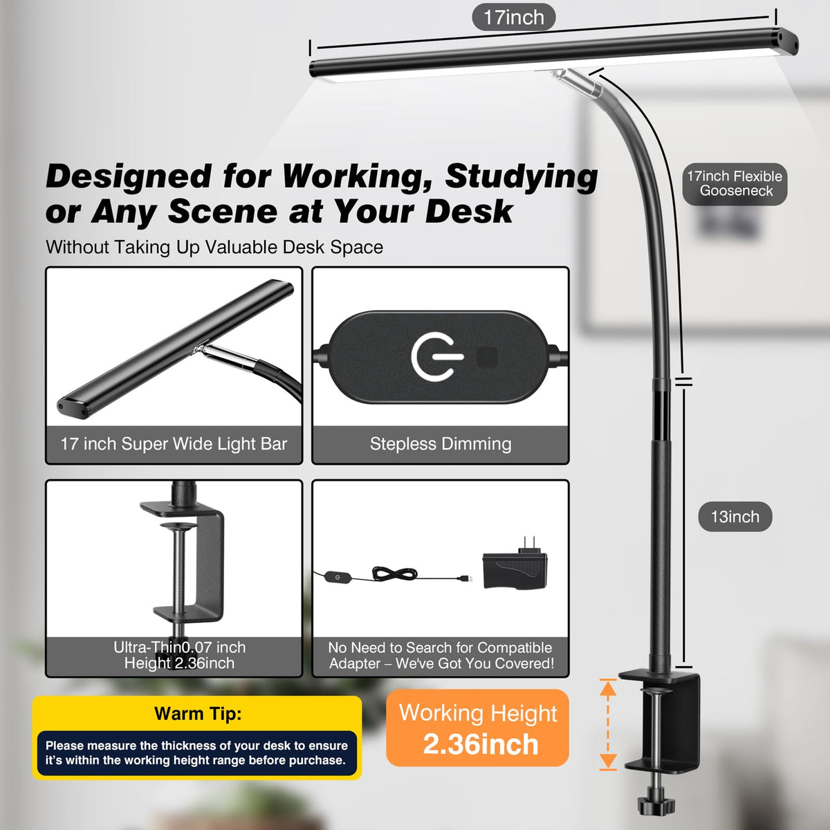 Airlonv LED Desk Lamp for Office Home, Eye-Caring Desk Light with Stepless Dimming Adjustable Flexible Gooseneck, 10W USB Adapter Desk Lamp with Clamp for Reading, Study, Workbench (Black)
