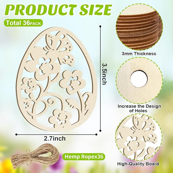 36PCS Wooden Easter Ornaments to Paint, 6 Styles DIY Blank Unfinished Wood Egg Cutouts Ornament for Crafts Hanging Decorations Happy Easter Hallow Egg Rabbit Bunny Butterfly Flower Hen