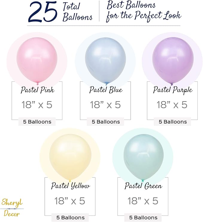 25 Extra Large Pastel Balloons for Parties – 18 Inch Giant Jumbo Bulk Pack – Big Assorted Blue, Purple, Yellow, Green and Pastel Pink for Unicorn, Easter, Matte, or Macaron Party