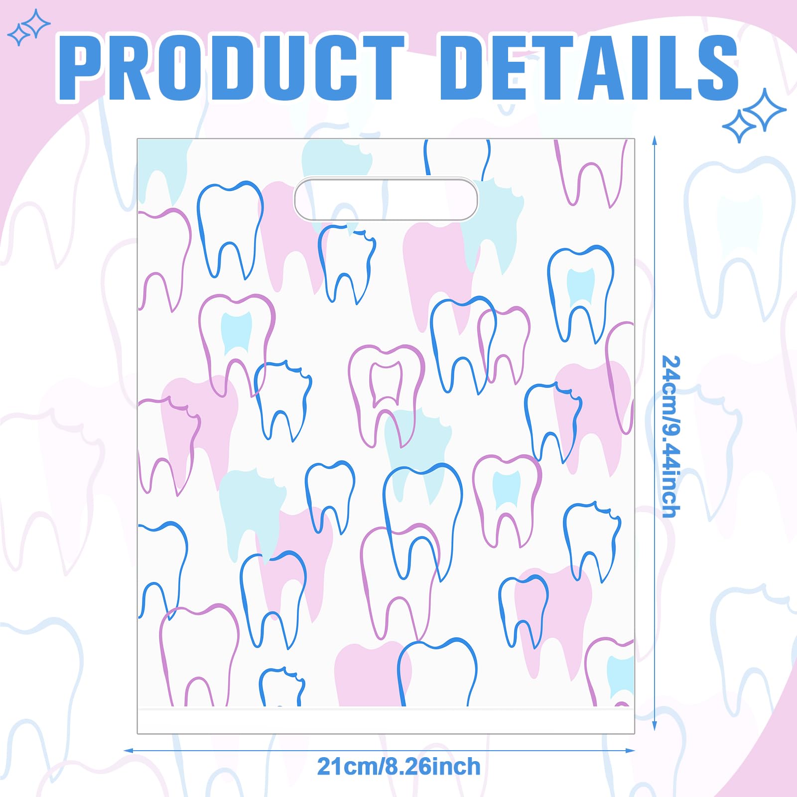 Aliceset 300 Pcs Tooth Merchandise Bags with Handles Plastic Dental Bags for Patients Dental Gifts Bulk for Dentist Office Goodie Packaging Appreciation Gifts Retail Party Favor, 8.27x9.45in (Stylish)