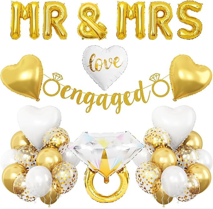 Gold Engagement Party Decorations, MR and MRS Balloons Decor, White Gold Metallic Confetti Balloon, Love Heart and Diamond Ring Foil Balloon with Engaged Banner for Wedding Engagement Party Decoration